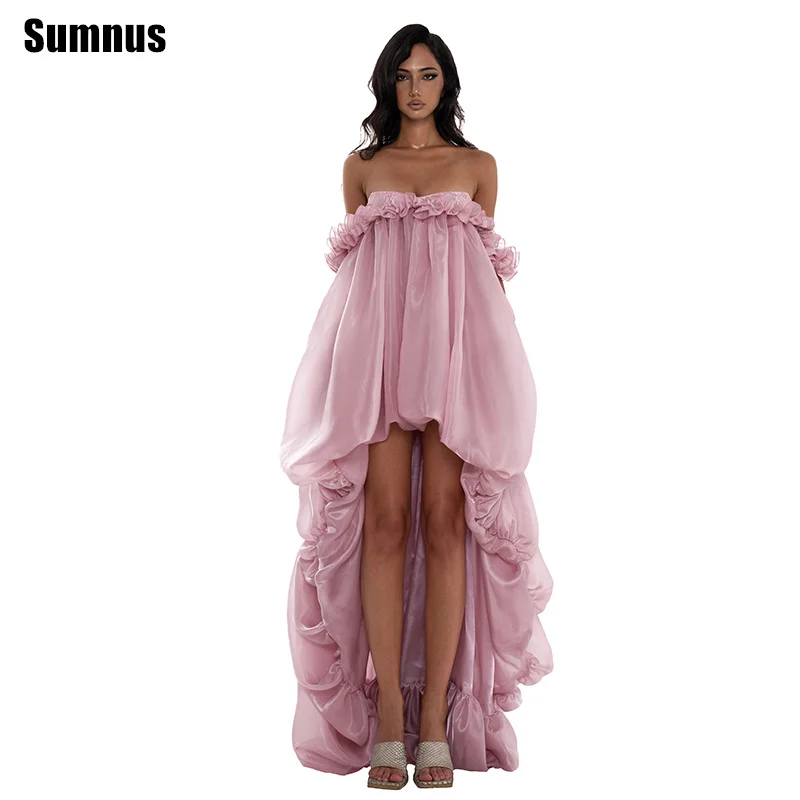 

Sumnus Elegant A-Line Prom Dress Cherry Pink High/Low Ruched Ruffle Organza Maxi Formal Evening Dresses vestidos Customized