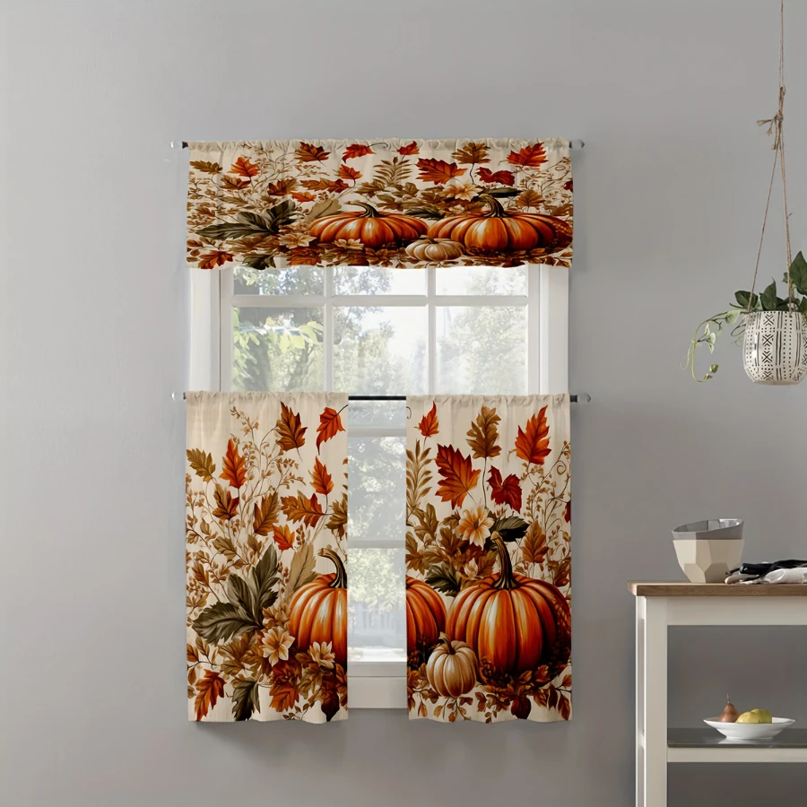 3PCS Fall Harvest Pumpkin Leaves Vine Kitchen Curtain, Vintage Autumn Botanical Thanksgiving Window Decor Set for Kitchen Cafe
