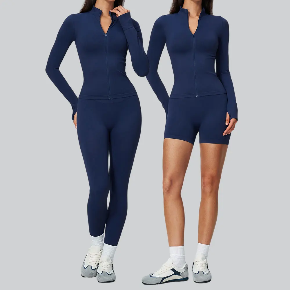 Seamless Yoga Set Women's 2Pcs Fitness Suit Zip Yoga Long Sleeve High Waist Biker Shorts Gym Clothing Workout Tracksuit Leggings