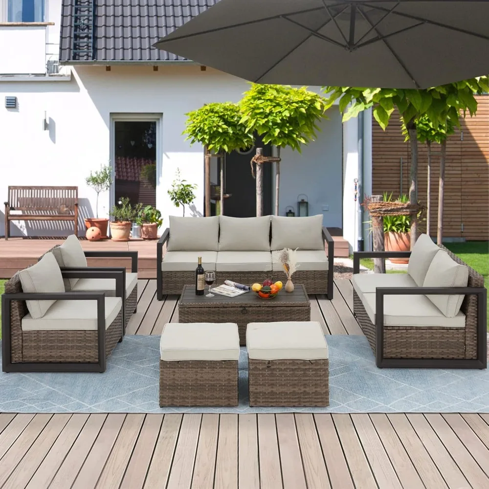 

Aluminum Patio Furniture Set, 7 Pieces Outdoor Furniture, PE Rattan Sectional Sofa Set with Storage Table, Modern Patio Convers