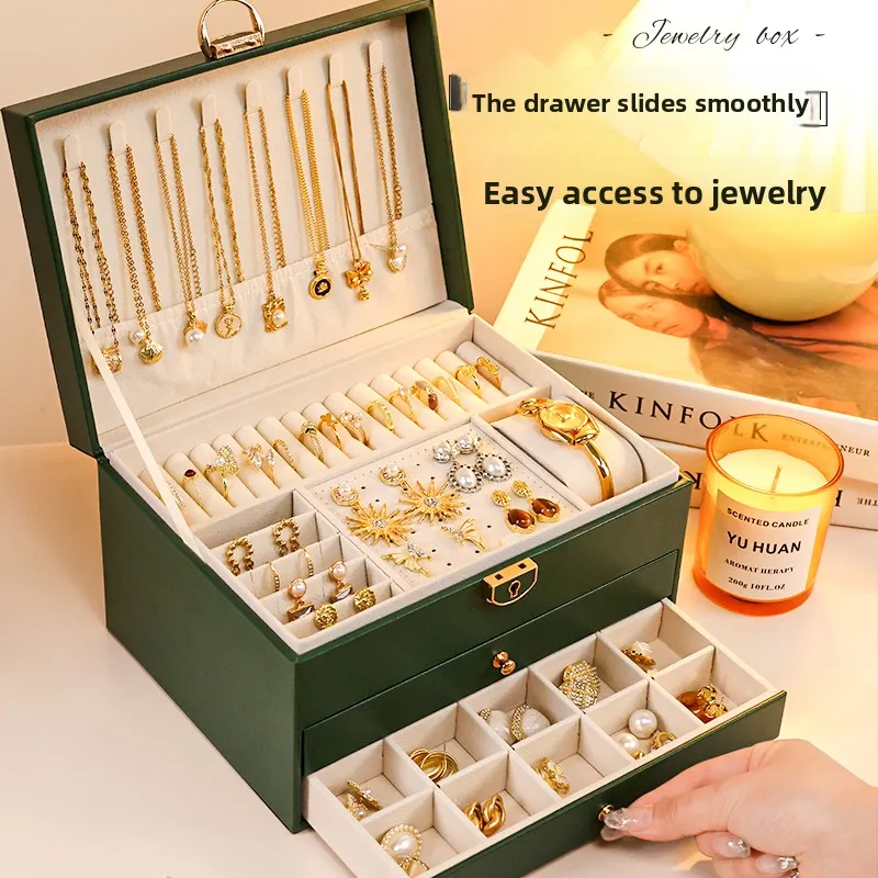 

Высококачественная шкатулка для драгоценностей, серьги-гвоздики, ожерелья, кольца, изысканная золотая шкатулка для хранения ювелирных изделий большой емкости