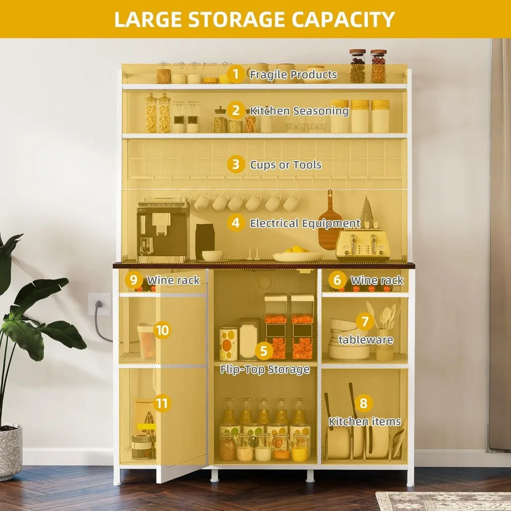 

Bakers Rack Microwave Stand Cabinet with Large Storage Drawer and Power Outlet, 47 Inches Farmhouse Kitchen Tall