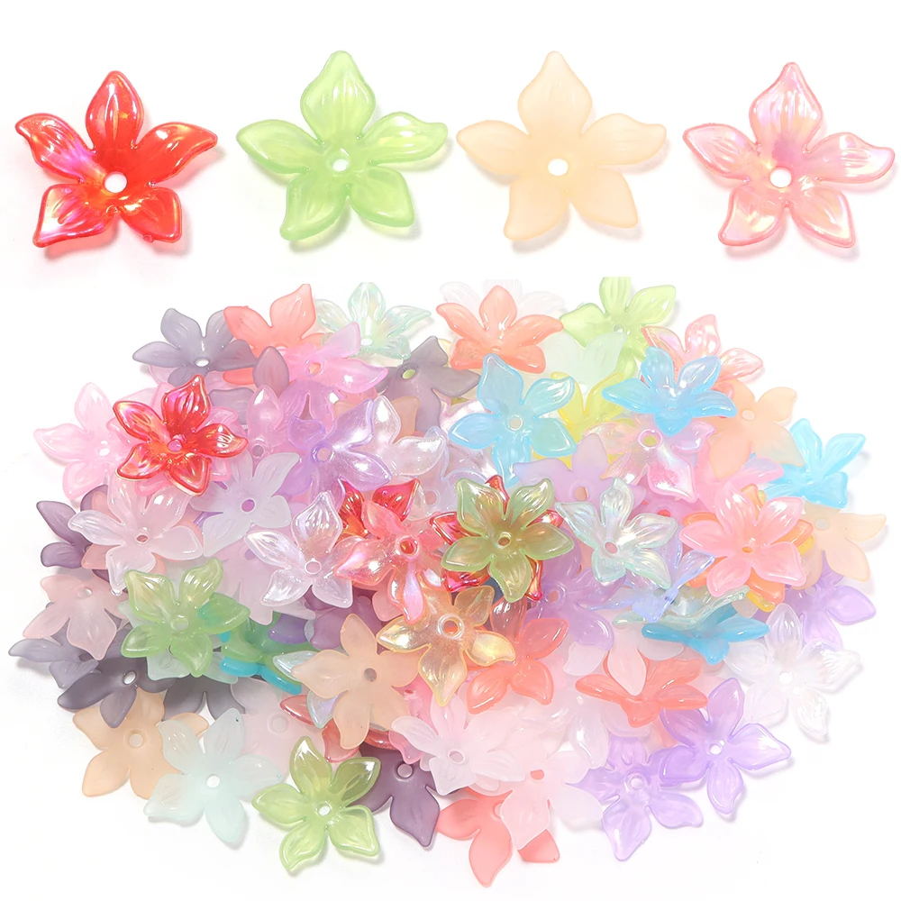 100pcs/lot 20mm Colorful Five Petals Acrylic Beads Cap Flower Loose Spacer Bead For Jewelry Making DIY Necklace Bracelet Crafts