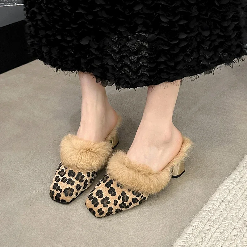 Women's Slippers Winter New High Heels Square Head Wool Leopard Cotton Drag Stylish Comfort Add Home Slippers