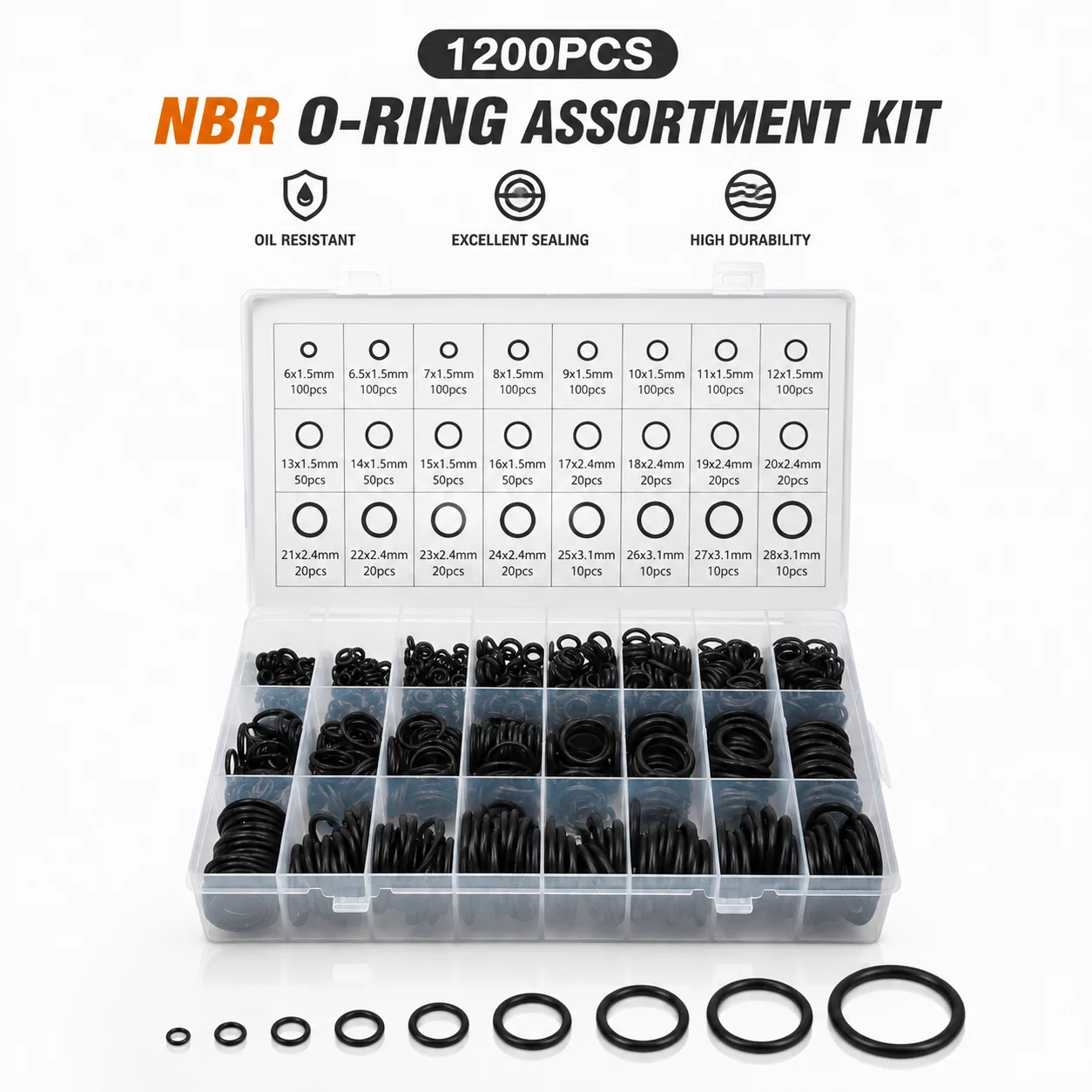 1200 Pieces of CS 1.5/2.4/3.1 Mm Outer Diameter 6-28 Mm O-ring Kit Equipment Pipeline Leak Proof Maintenance Rubber Ring