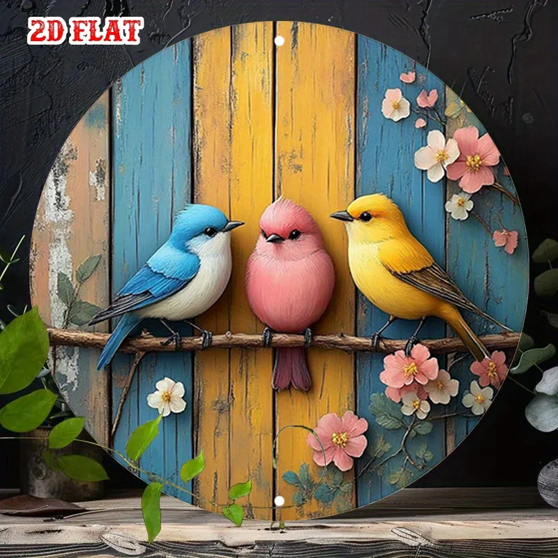 2D Flat, 1pc Vintage Round Wooden Wall Decor Sign - Soft-Toned Perching Birds & Country Decoration, Frameless Suitable for Home,