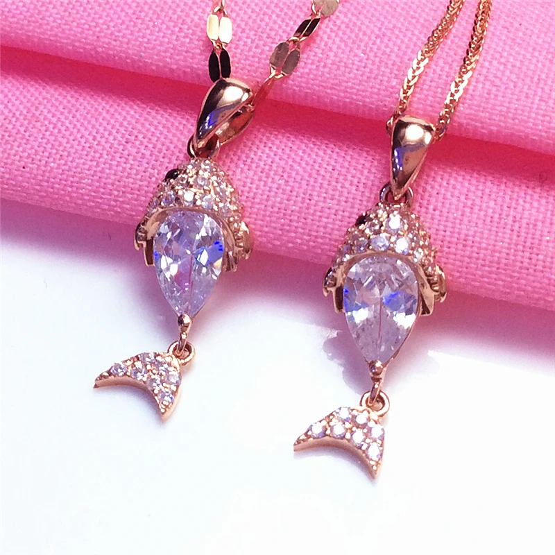 585 Purple Gold Plated 14K Rose Gold Fashion New Shiny Crystal Goldfish Pendant Ladies Necklace Charm Elegant Wedding Jewelry