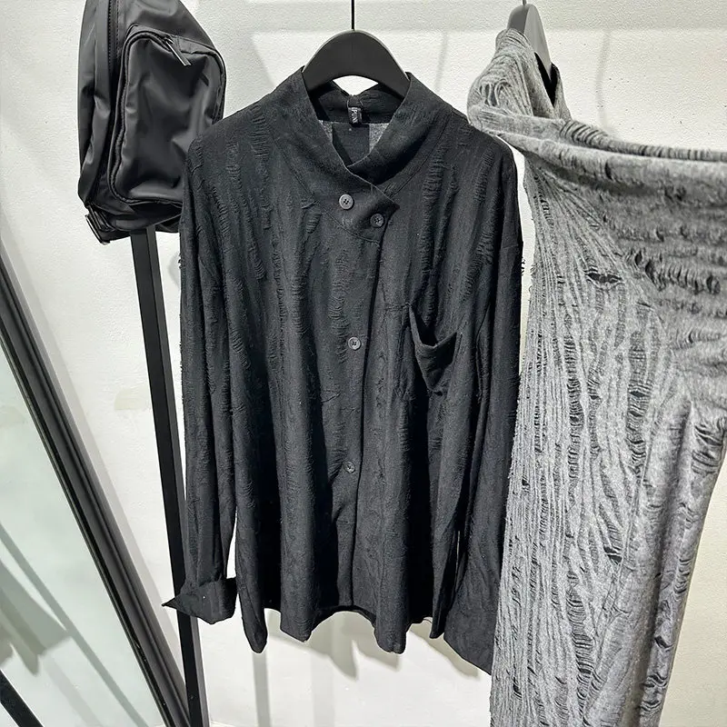 Avant-Garde Design Retro Make Old Ripped Loose Long-Sleeved Shirt Popular All-Matching Solid Color Beggar Top for Men and Women