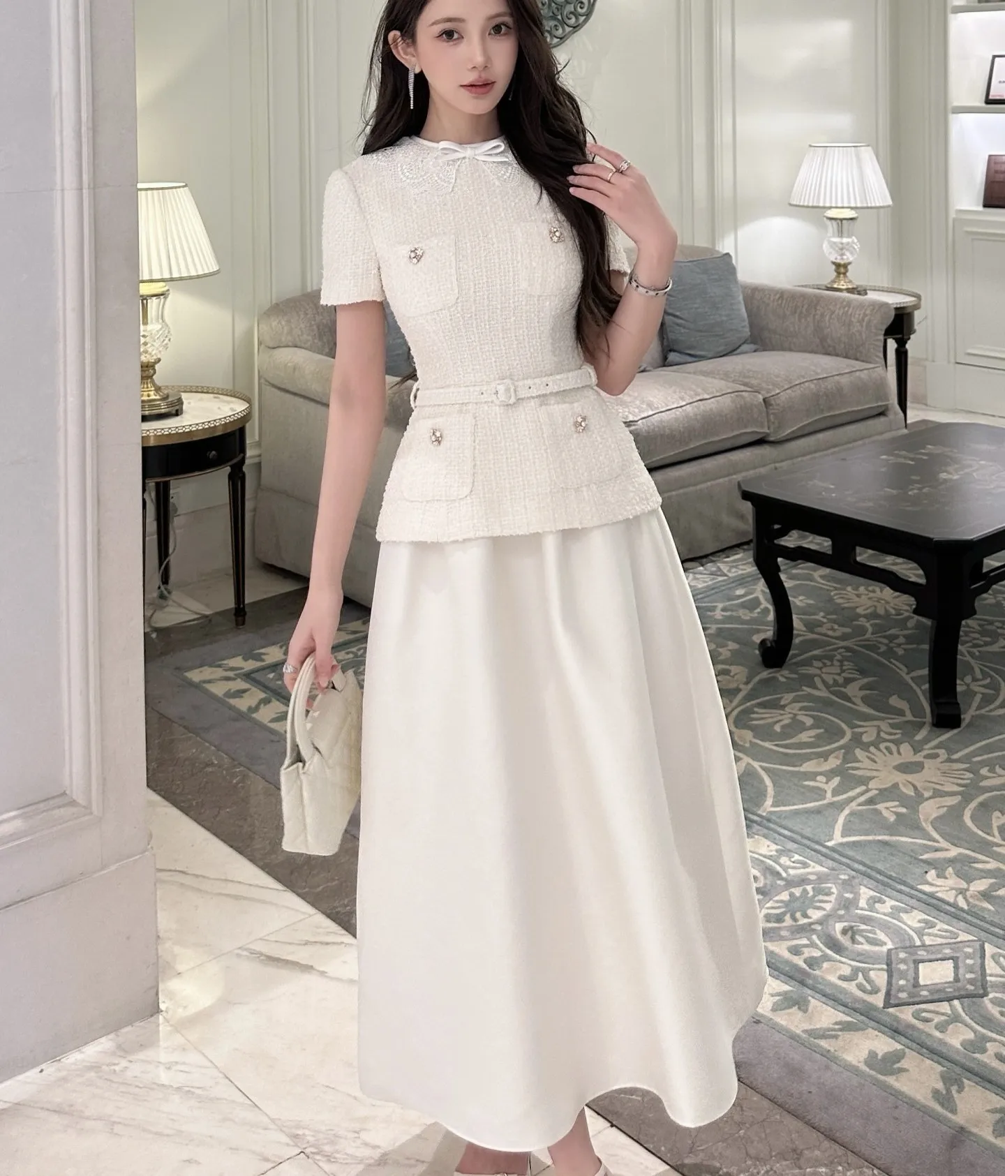 

2026 Lady High Quality Lace Patchwork Perter Pan Collar Dress Short Sleeve Fake Two Piece A-line Long Dress With Belt Women