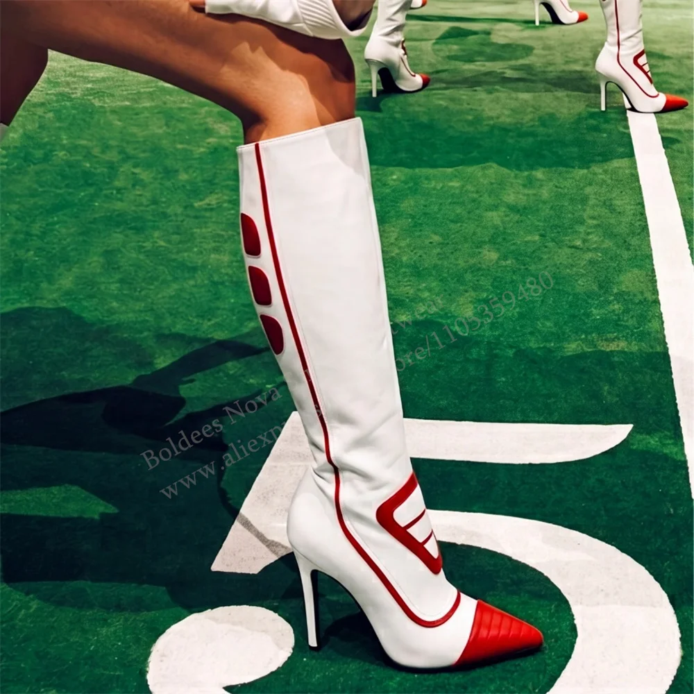 Fashion Mixed Color Knee High Women Boots Sexy Pointed Toe Stiletto Heel Side Zipper Long Boots Ladies Party Dress Winter Boots