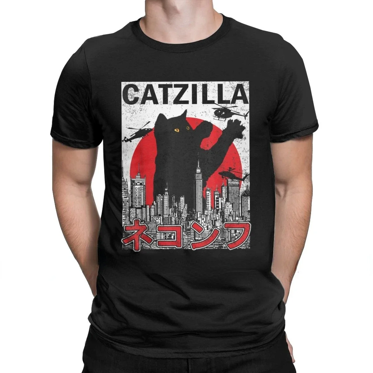 

Футболка Catzilla мужская оверсайз, забавная тенниска в стиле Харадзюку, повседневная майка с японским котенком, лето