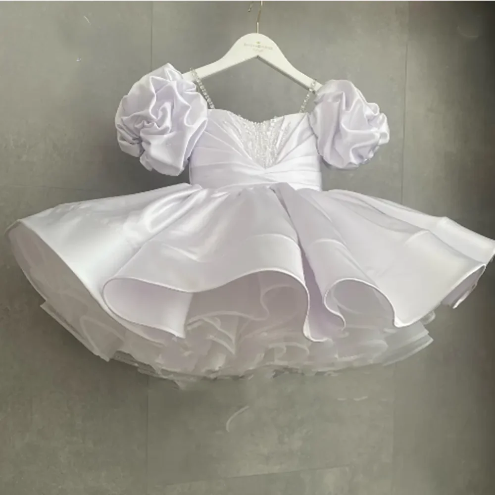 

Purple Beaded Flower Girl Dress For Wedding Satin Knee Length Puffy With Bow Kids Birthday Baby First Communion Ball Gowns