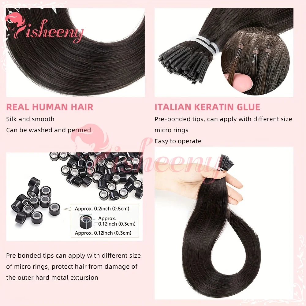Isheeny I Tip Keratin Capsule Hair Extensions Straight Real Human Hair 30‑50cm Brown Blonde Shades 50Pcs/Pack Pre Bonded Stick Hair For Home And Salon Hair Styling