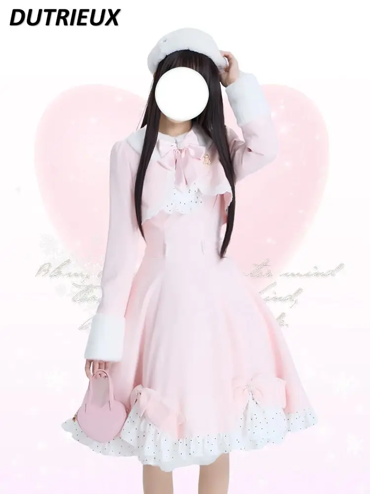 Manteau à manches longues et princesse Lolita pour filles mignonnes, avec nœud rose, amincissant, mi-long, nouvelle collection printemps et automne