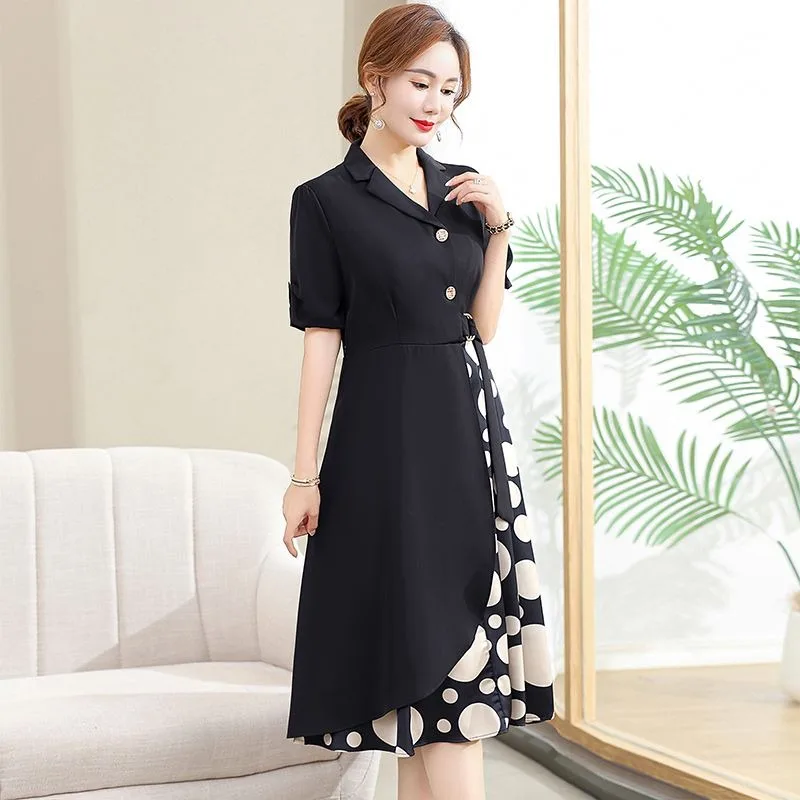 

Women's Pullover Geometric Pattern Patchwork Lapel Button Short-sleeved Fashionable Casual Dress