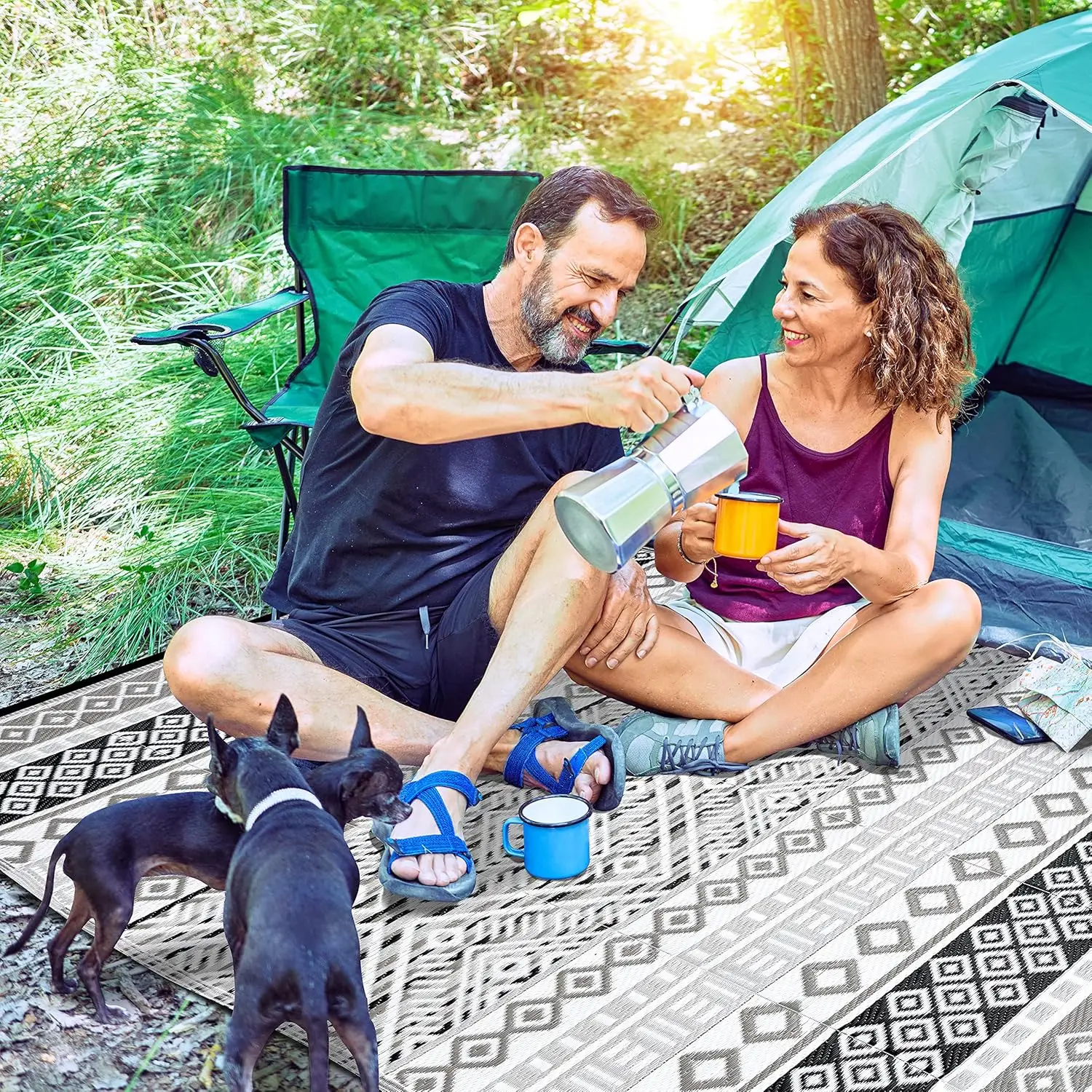 Comfort Corner Boho Outdoor Rug Waterproof for Patio RV Camping Picnic Balcony Plastic Straw Rug Charcoal White 9x12