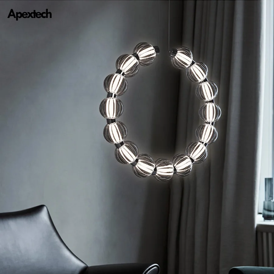 Circular Ring Chrome LED Chandelier Pearl Necklace Style Ceiling Haning Lights Living Dining Room Deco Lighting Luminaires