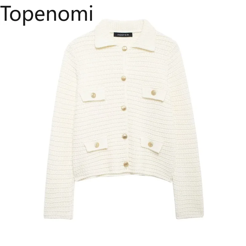 Topenomi French Elegant Knitted Cardigan Women Lapel Metal Button Long Sleeve Sweater Coat Autumn Winter Solid All Match Tops