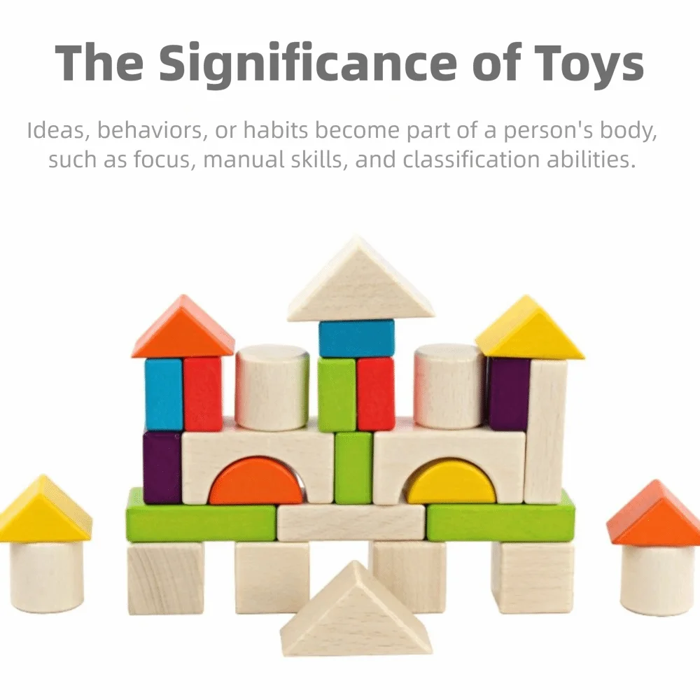 Un set di blocchi di legno in materiale sicuro, bordi lisci, colori vivaci, blocchi colorati, riconoscimento della forma, giocattolo per bambini piccoli