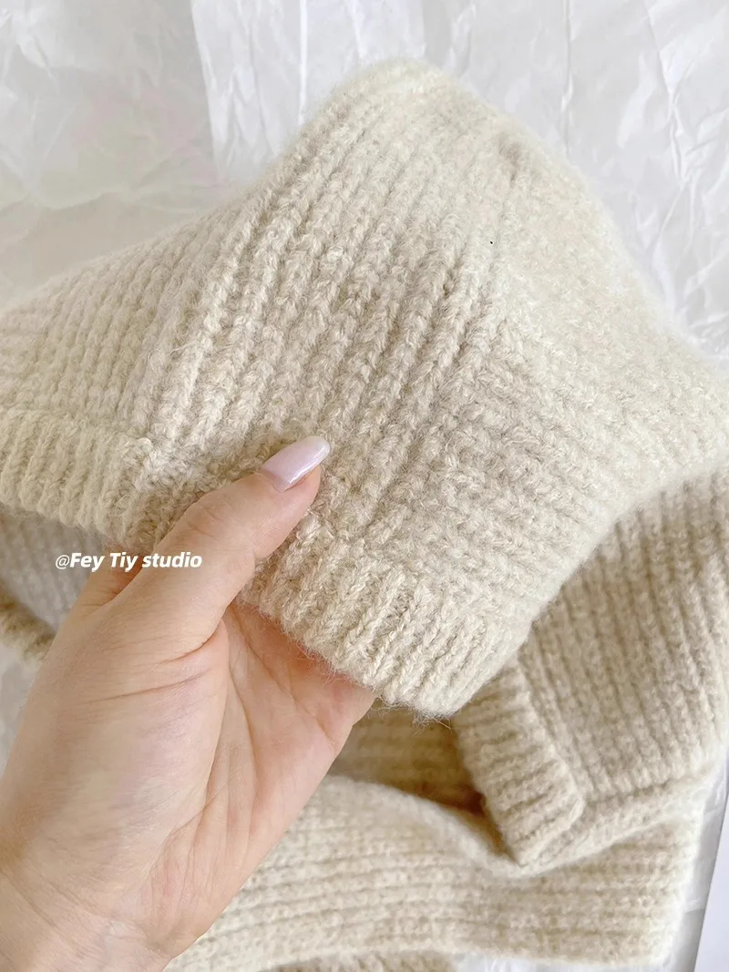 Koreanische Kapuzenschal-Balaclava-Mütze mit Ohrenschutz, warme Mütze für Damen, Retro-Mütze mit Schleife, Winter-Accessoires, gestrickte Mütze. – Detail 5
