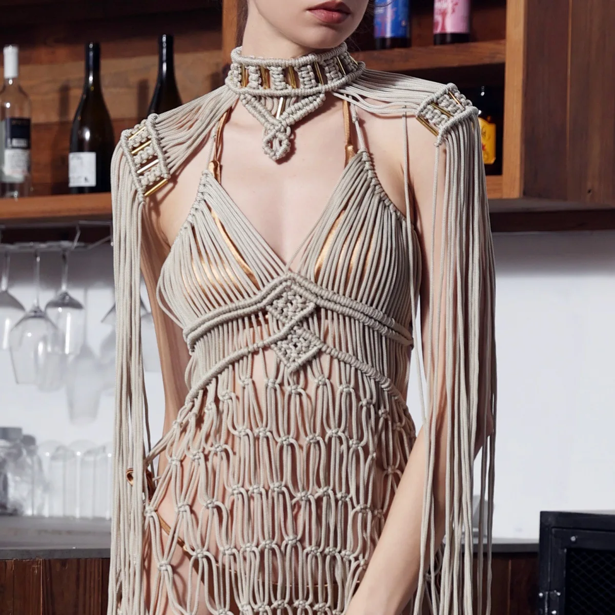Retro Shawl Sexy Women's Long Dress Handwoven Suspender Set Bohemian Hollow Fringed Long Dress