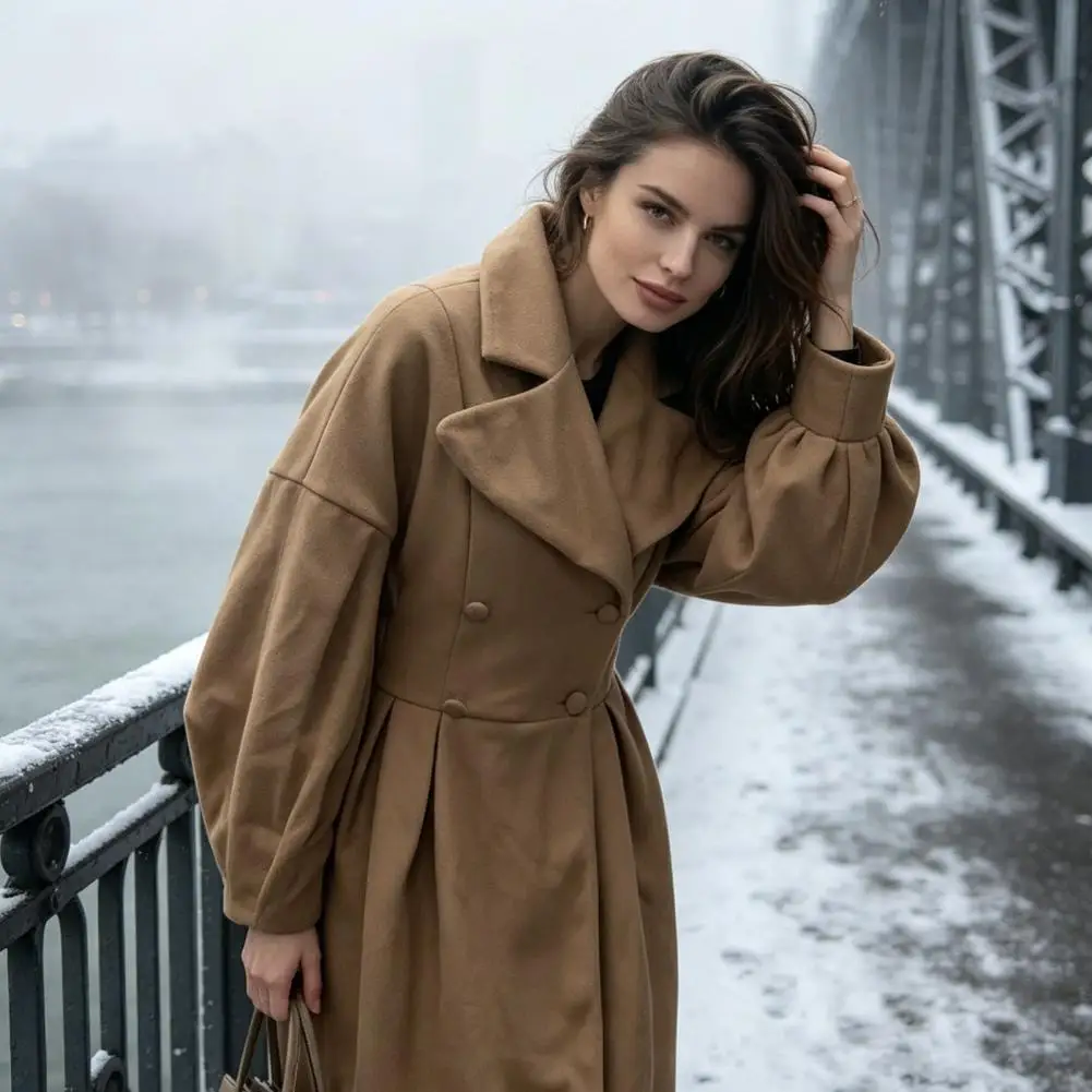 Women Wool Coat Women’s Long Wool Coat for Fall Winter Lantern Sleeve Overcoat with Notch Lapel Double Breasted Trench Coat