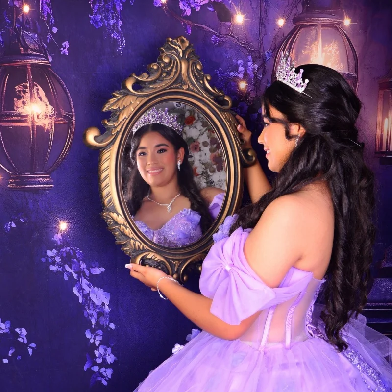 Vestidos de quinceañera morados personalizados con hombros descubiertos, calcomanía brillante, cola larga, Vestido de flores 3D, 15 quinceañera