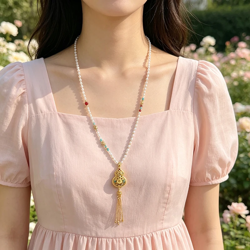 Neo-Chinese Style Pearl Sweater Chain, Adjustable Length, Ancient Method Sand-Gold Tassel Pendant, Medium-Long 85cm.