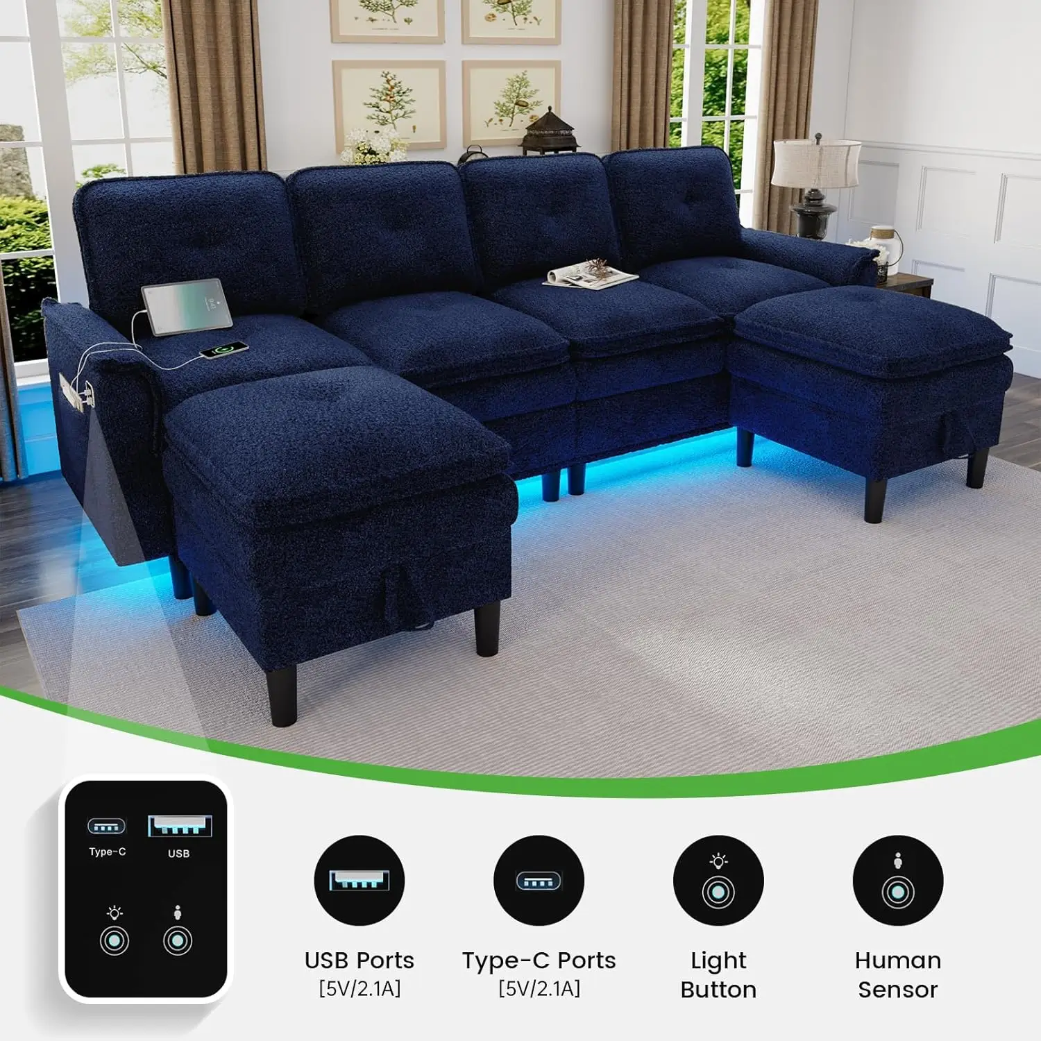 U/L Shaped 4 Seat Sectional Sofa USB Charging LED Storage Ottoman Living Room Office, Customized - view 5