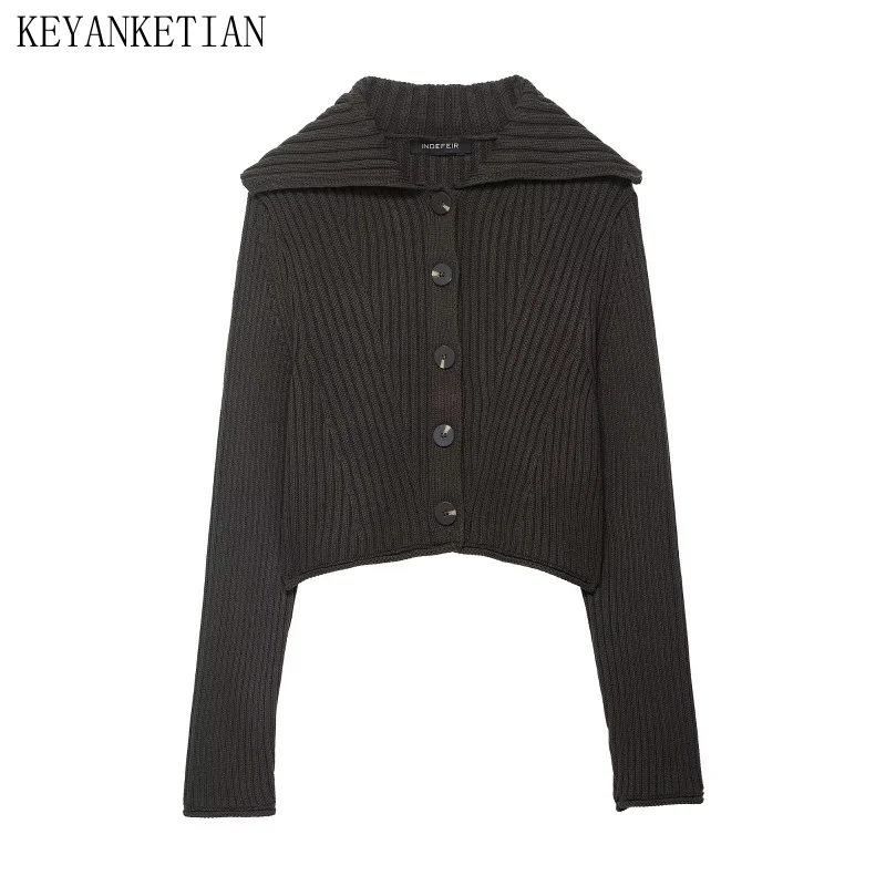 

KEYANKETIAN осенний новый женский однобортный однобортный кардиган с длинными рукавами и воротником, однотонный вязаный кардиган, женский свитер, короткое пальто