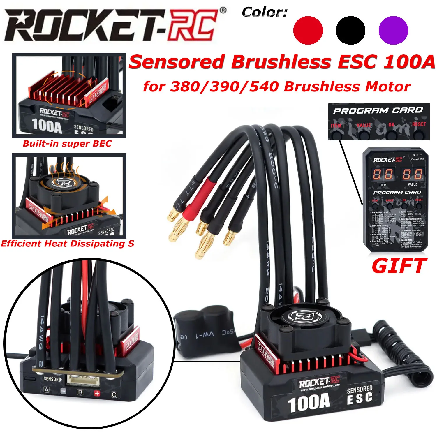 

ROCKET-RC Sensored Brushless ESC 100A 2-3S With Programming Card Combo for 380/390/540 Sensored Brushless Motor 1/10 RC Cars