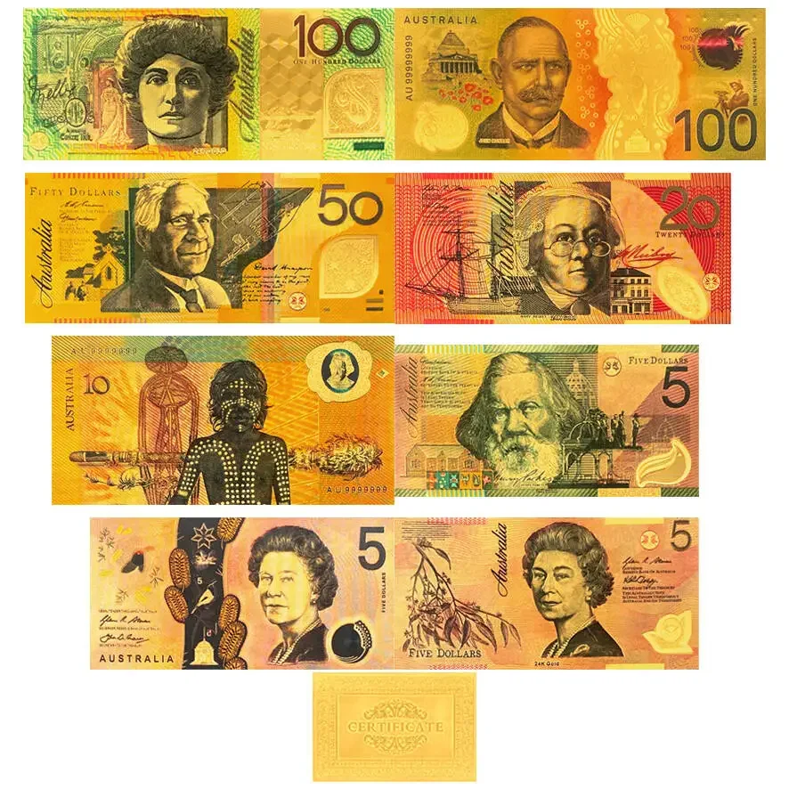 20 designs Australia 100 Dollar Gold Banknote Plated Colorful AUD Dollar Gold Foil Banknote Currency Collection and gift