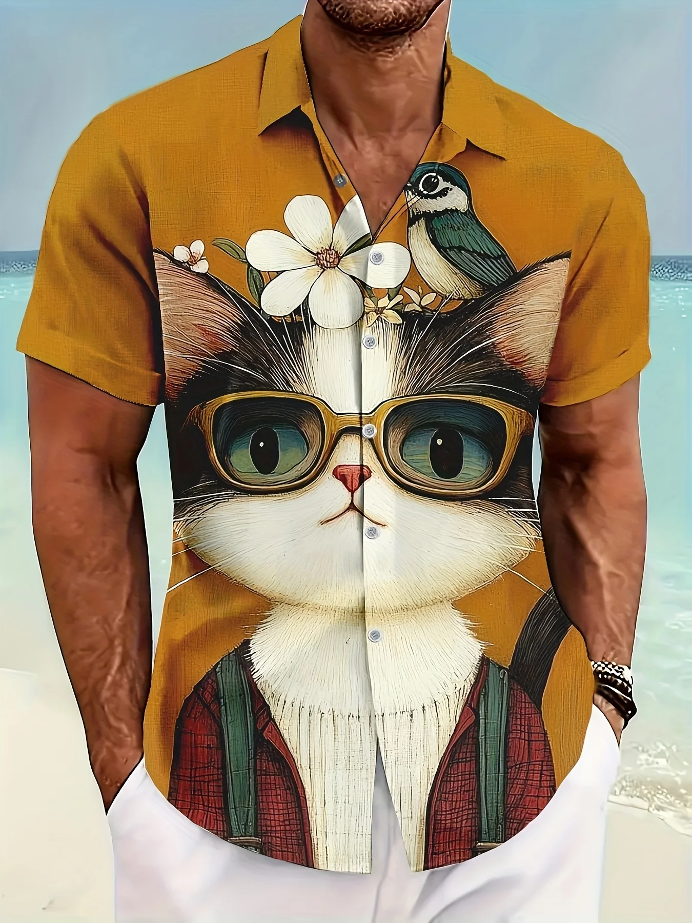 

Men's Summer Casual Short Sleeve Shirt - Whimsical Cartoon Kitten with Glasses & Floral Print, Vibrant Yellow, Machine