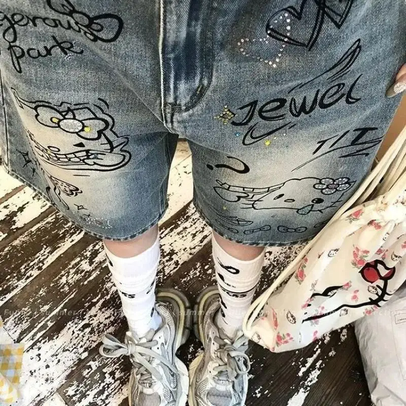 

American Retro Hello Kittys Hot Diamond Denim Women Summer High Waisted Wide Leg Pants Loose Medium Pants Y2K Girls Jeans Gift