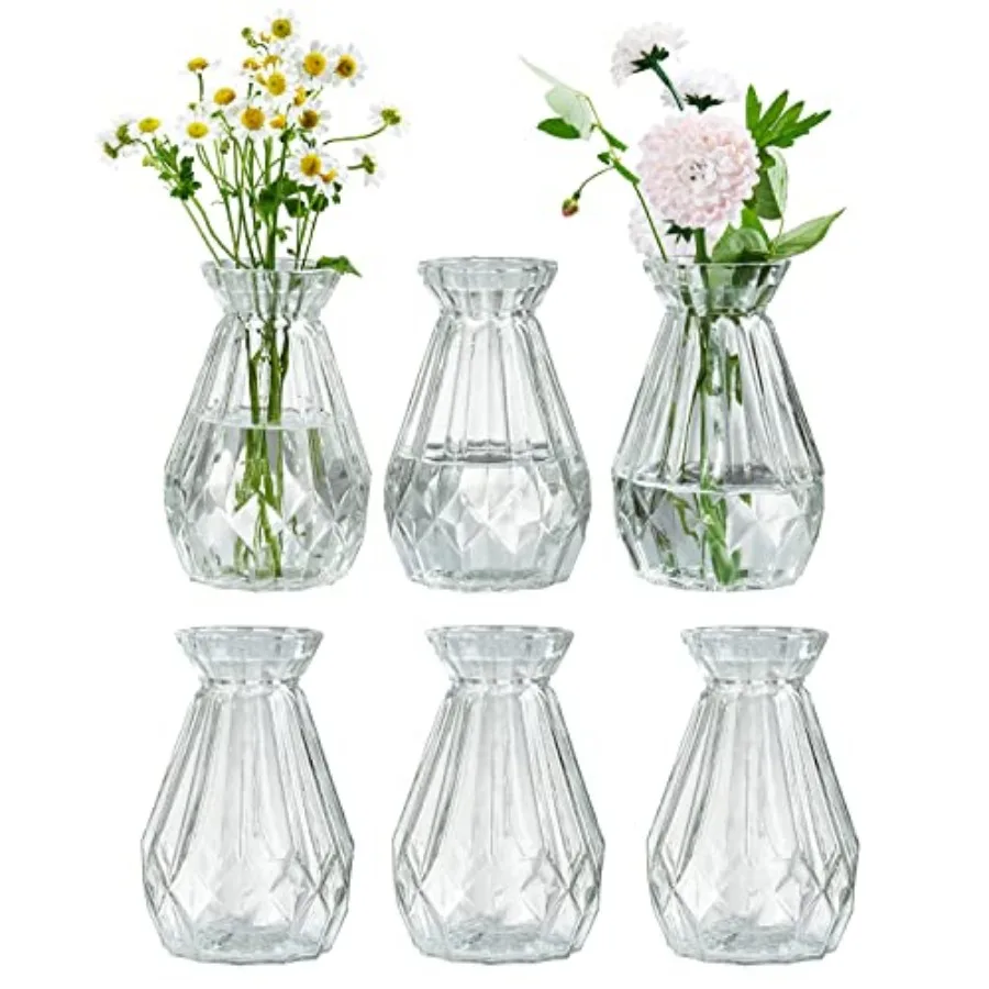 

Mini Set of 6 Diamond-Faceted Clear Glass Bud Vases Small Decorative Flower Vases for Table Centerpieces, Weddings, and Home Dé