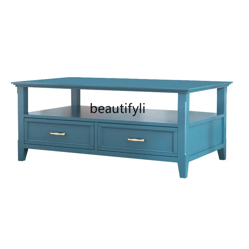 

yj Light Luxury Solid Wood Coffee Table Peacock Blue Living Room Low Table Small Apartment Tea Table Combination Square Table