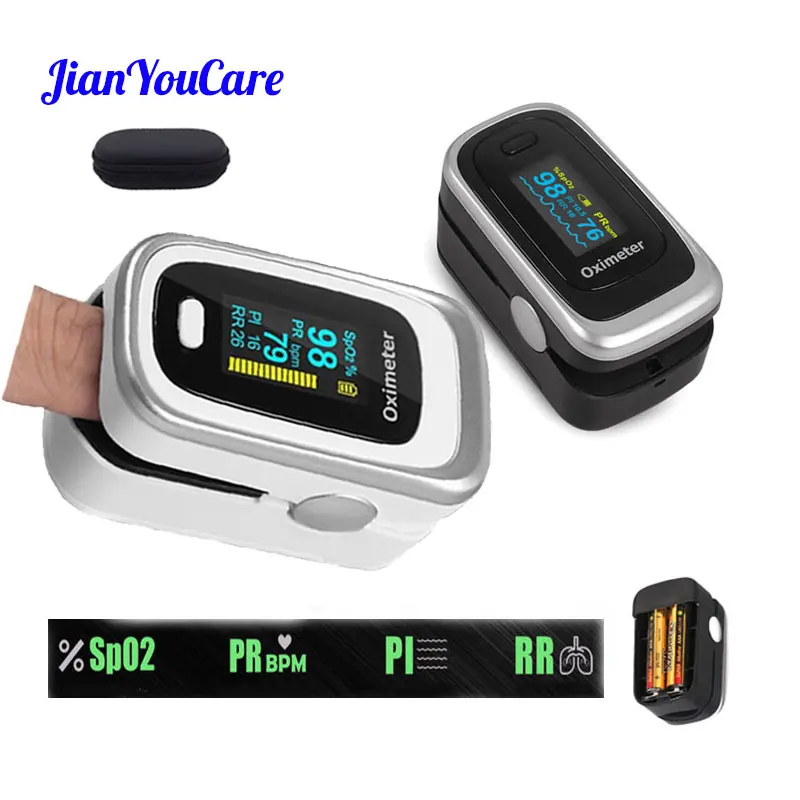 Finger Pulse Fingertip Oled Oximeter SPO2 PR PI RR Blood Oxygen With Respiratory Rate Oximetro De Pulsioximetro Dedo and case