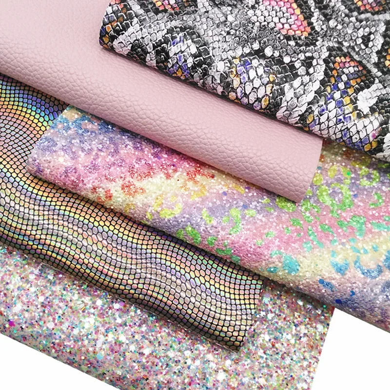 Rainbow Leopard Custom Glitter Leather Sheet Snake Faux Leather Litchi Faux Leather Fabric Iridescent Vinyl For DIY 21x29CM Y503