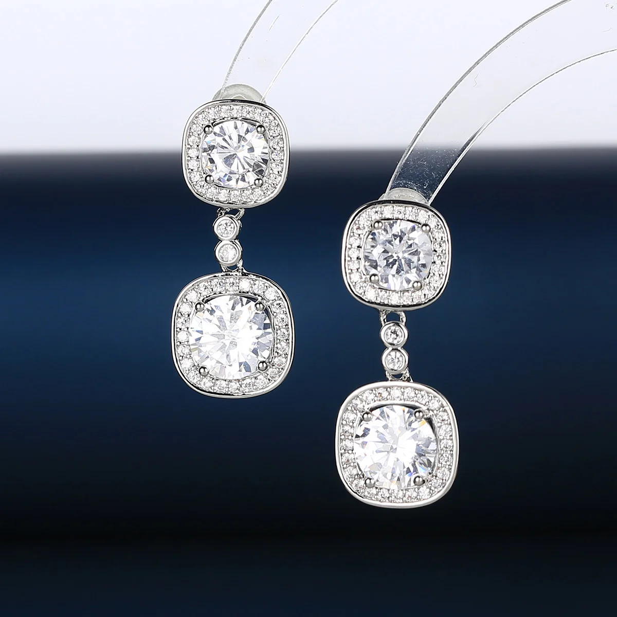 

925 Silver Double Square CZ Drop Earrings, Sparkling Cushion Cut Dangle, Luxury Bridal Wedding Jewelry for Women