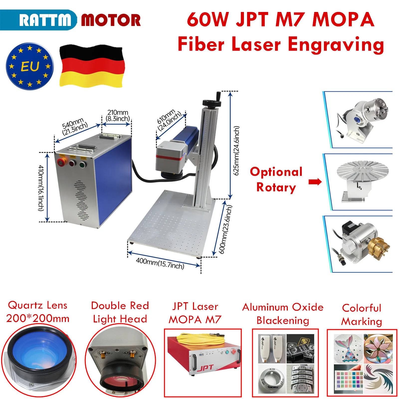 【EU Stock】60W JPT M7 MOPA Split type Fiber Laser Machine Colorful Metal Laser Marking Quartz Filed Lens Double Red Light Head