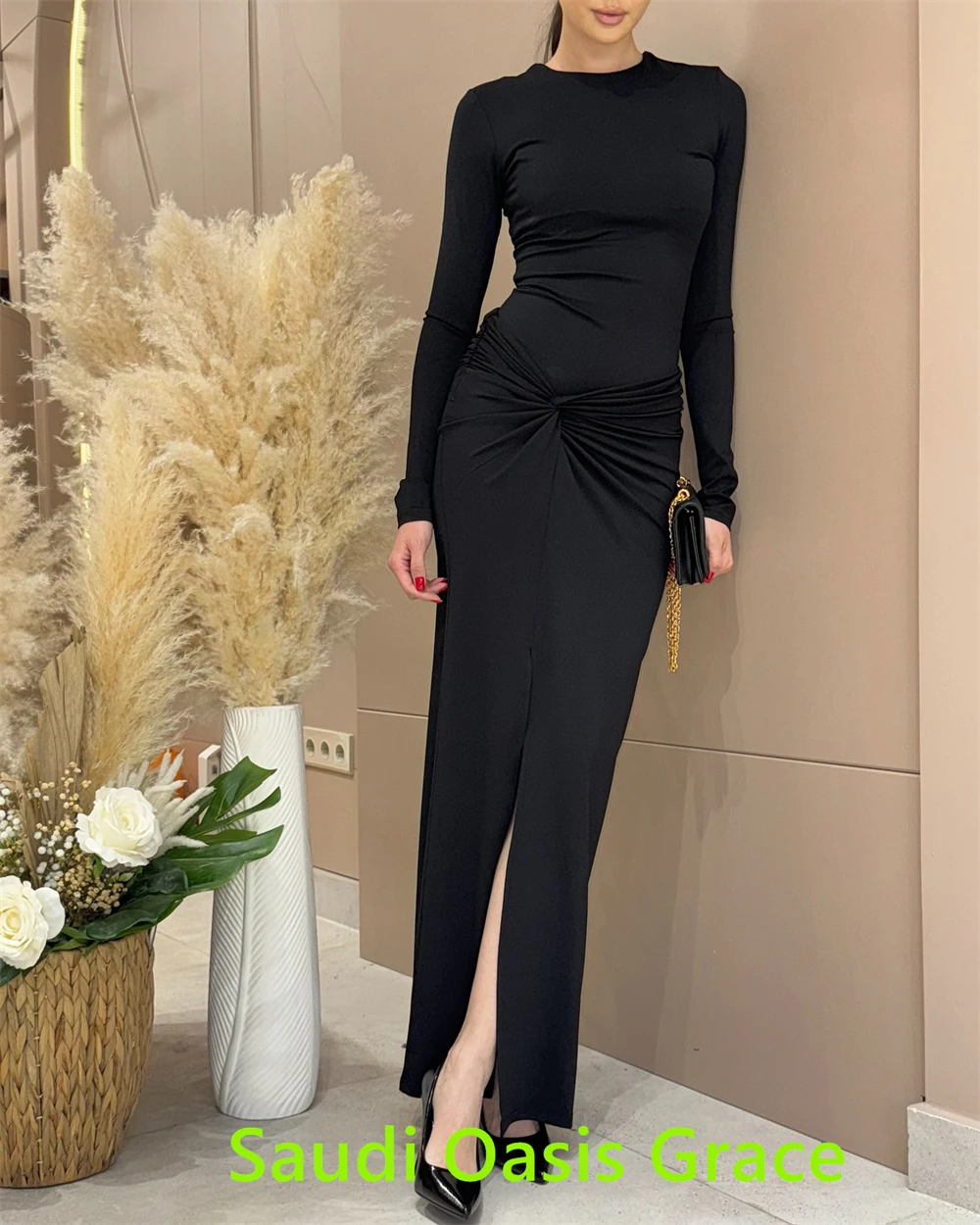 op maat gemaakte aangepaste zeemeermin klassieke zwarte jersey vestido de noche moderne ronde hals lange mouwen homecoming jurken vestido de