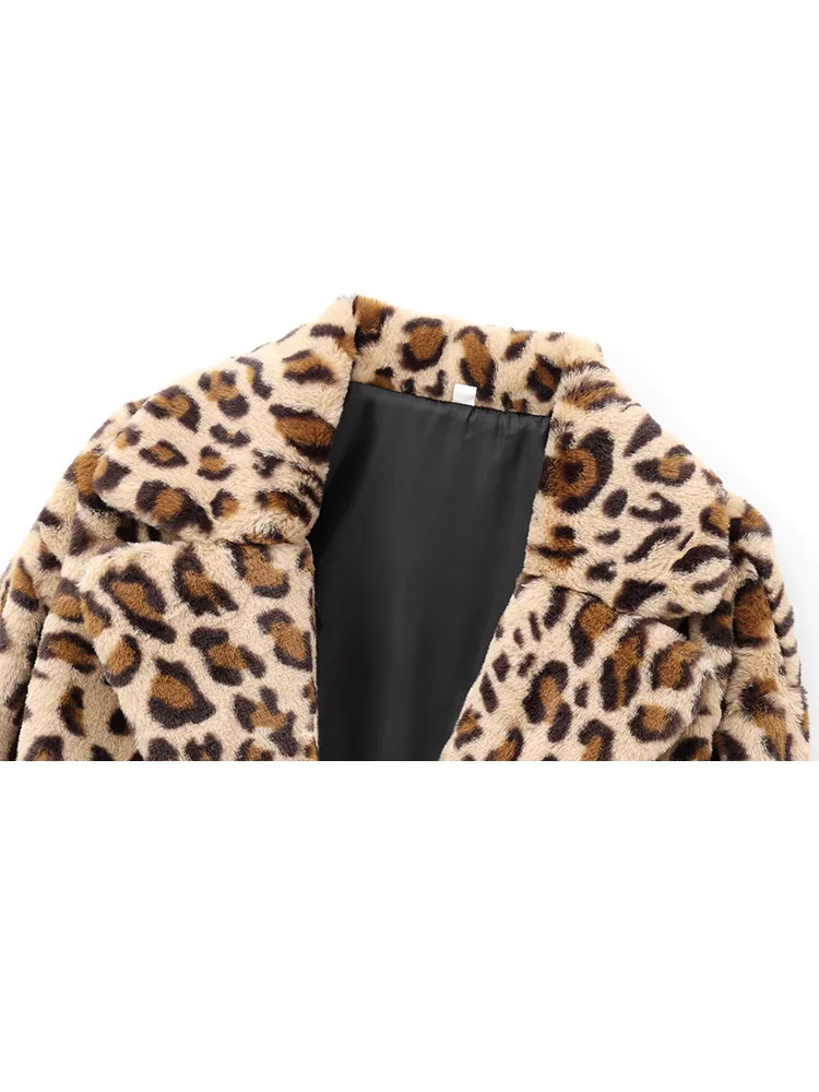 HH 女性の冬のファッションターンダウン襟ヒョウ柄フェイクファージャケット女性シングルブレストポケット装飾長袖コート