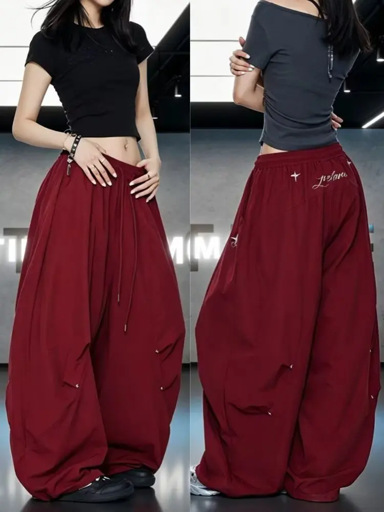 2026 Red Wide Leg Casual Work Pants for Women Loose Fit High Waist Jazz Dance Trousers American Style Printed Polyeste Pants