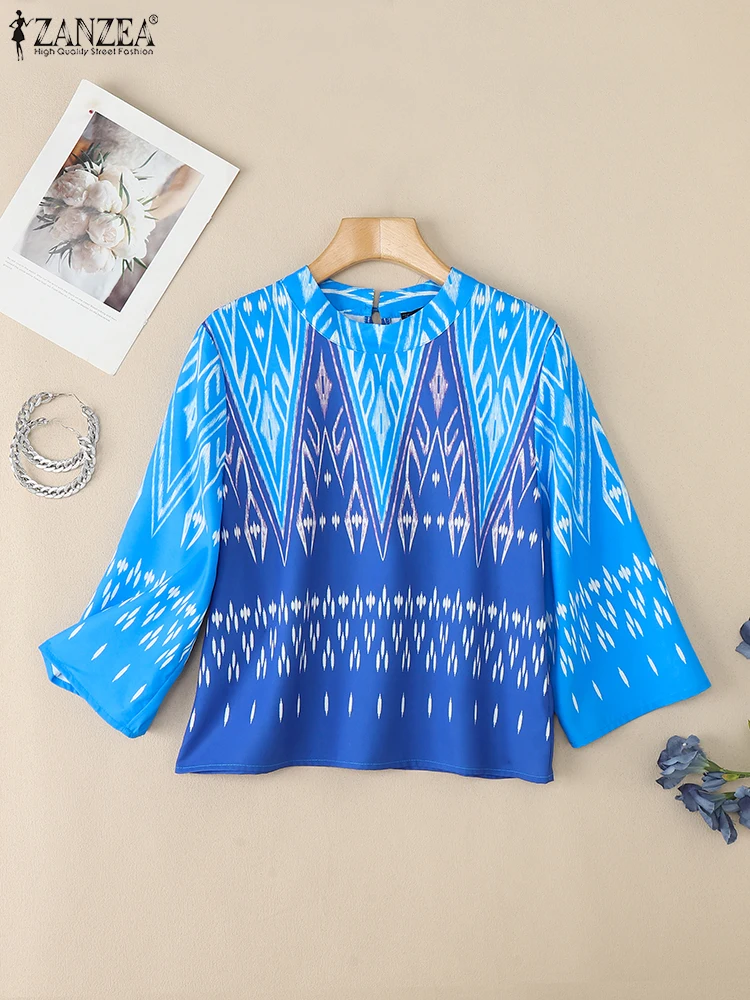ZANZEA-Blusas étnicas Vintage con estampado geométrico para Mujer, Blusas holgadas informales con cuello redondo y manga 3/4, Tops Ikat para vacaciones 2025