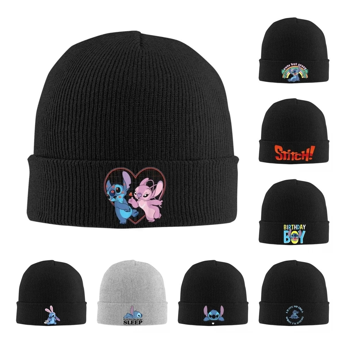 Lilo And Stitch Angel Heart Kisses Knitted Hats Autumn Winter Beanies Ski Cute Cartoon Caps Men Women Acrylic Hip Hop Bonnet