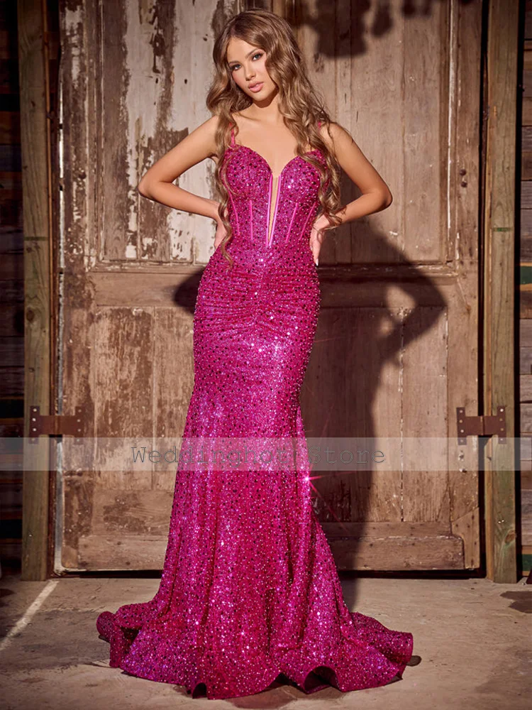 Luxury Evening Dress Fuchsia Spaghetti Straps Beading Sequined Evening Gowns for Women Deep V Neck Mermaid/Trumpet Prom Dresses