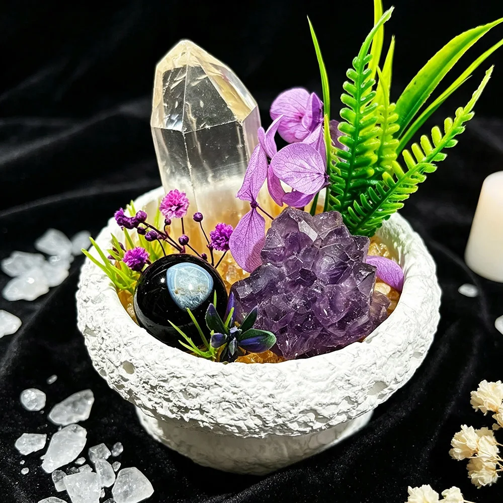White Gypsum Vase Raw Quartz Tower Agate Sphere Amethyst Cluster Preserved Flower Indoor Mini Scenery Decor