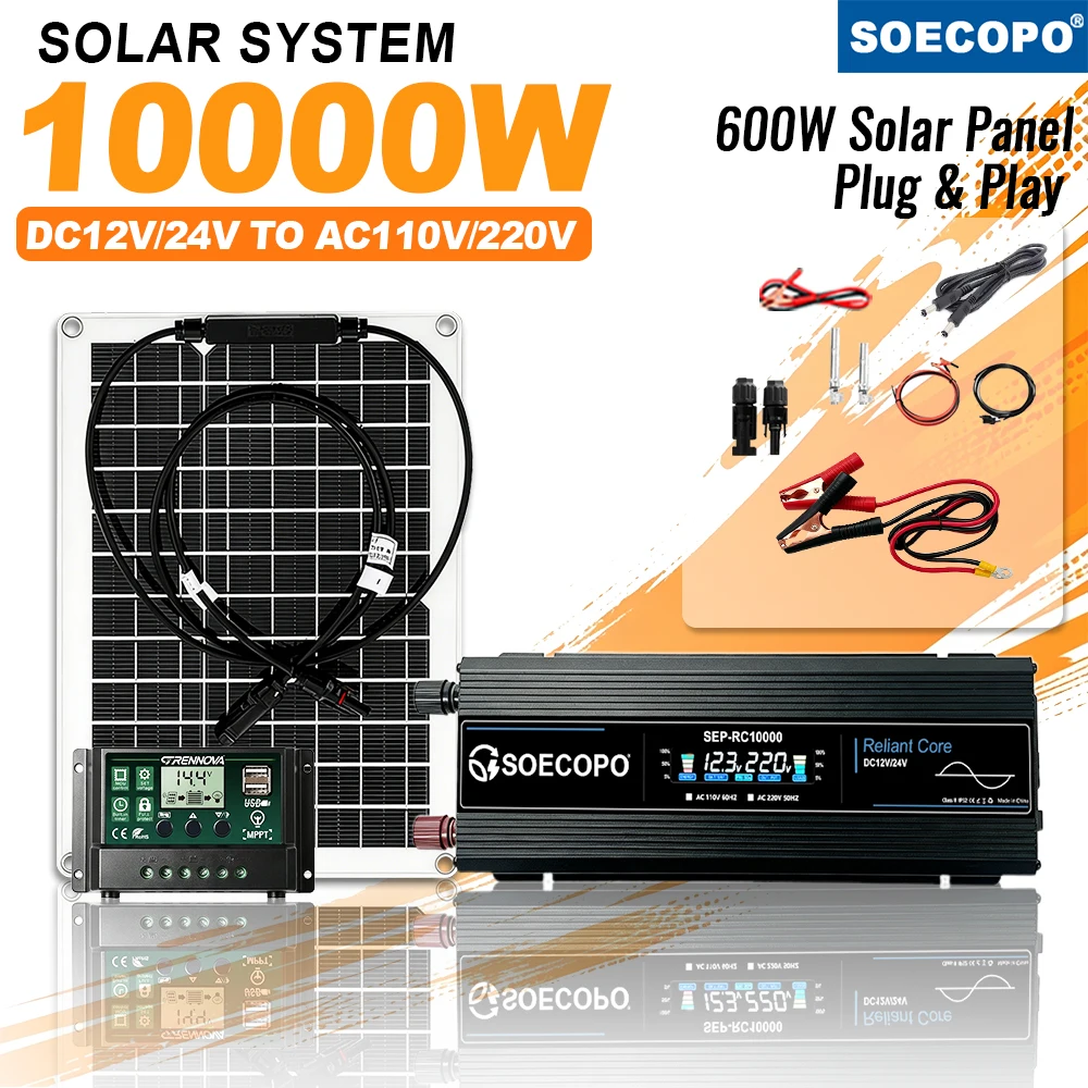 Plug & Play Solar Power Kit 10000W Inverter 600W Panel MPPT Controller DC12V/24V AC110V/220V for RV Camping Home Backup Power