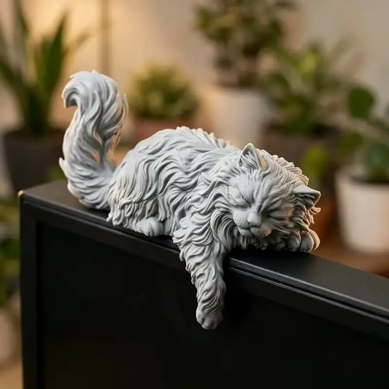 3D Printed Cute Long Hair Sleeping Cat Figurine Mini Pet Computer Monitor Hanging Decor Desk Ornament For Home Office Decor Gift