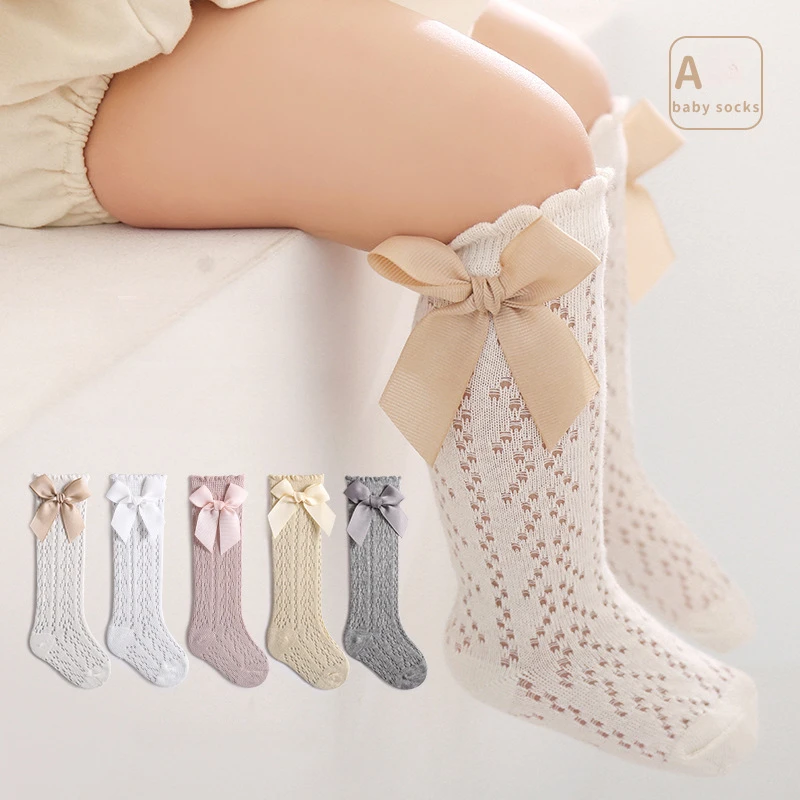 Calcetines de tubo alto de malla para bebé, medias de princesa versión coreana, estilo fino transpirable, lazo dulce y boca suelta, primavera y verano